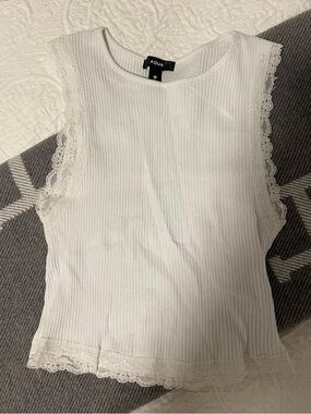 Aqua White Ribbed Lace-Trim Camisole